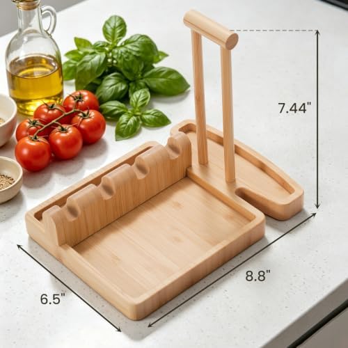 Bamboo Spoon Rest & Pot Lid Holder for Stove Top, 2-in-1 Spatula Rest
