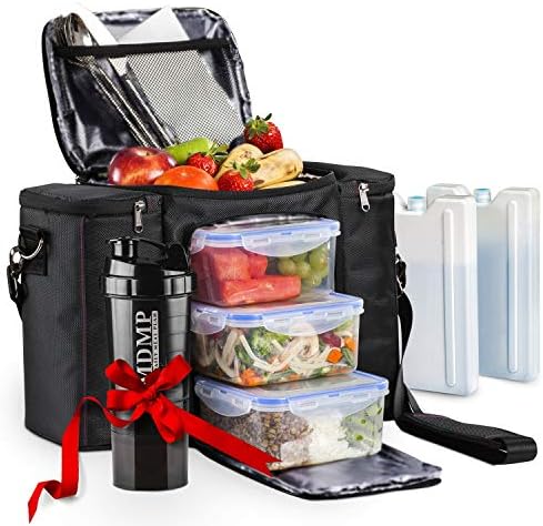 Meal Prep Lunch Bag/Box with 3 Food Containers, 45 Oz., Black