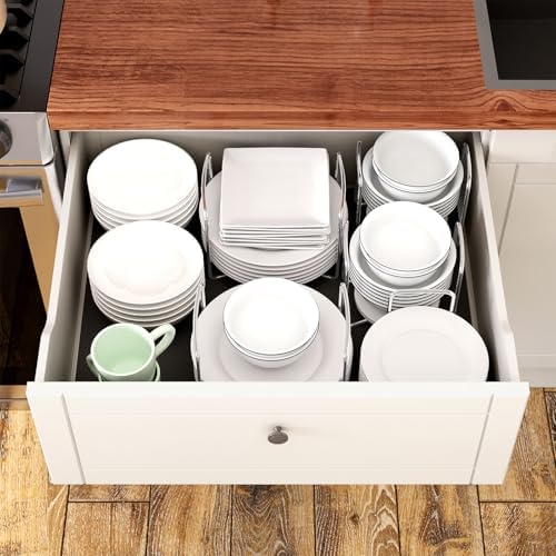 Adjustable Bamboo Plate Organizer for Drawer, Dish Holder for Cabinet