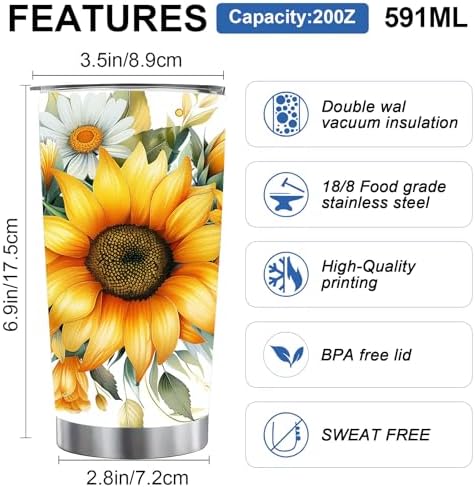 Pandance Sunflower Gifts for Women, 20 oz Sunflower Tumbler Cup Travel