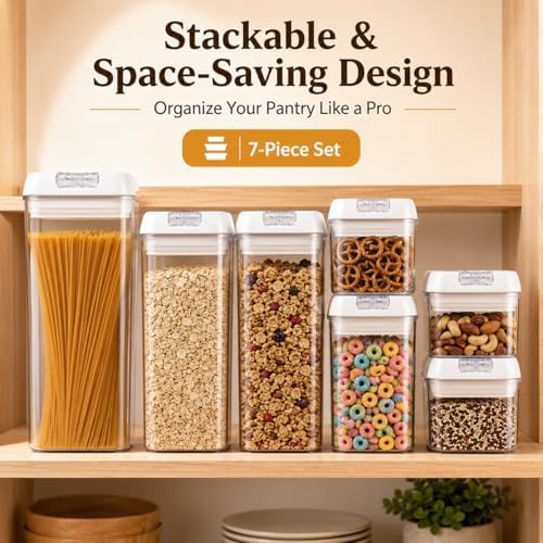 7-Piece Airtight Food Storage Containers with Lids, Clear Stackable Pantry Organization Set for Flour, Sugar, Cereal, Snacks and Kitchen Storage