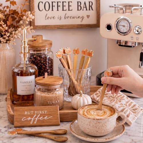 8 Pcs Fall Pumpkin Spoons 5'' Acacia Wood Spoon for Coffee Bar