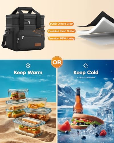 HOTOR Lunch Box Men Women Double-Layer Insulated Lunch Bag Black 12L