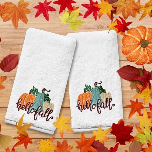 Cotton Embroidered Pumpkin Kitchen Towel Set of 2 - Autumn