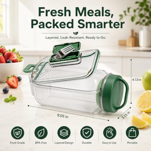 34 Oz(1L) Salad Jar with Side Opening, Salad Pod with Built-in Fork &