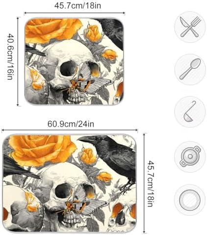 OTVEE Skull and Flower Mix Dish Drying Mat for Kitchen Counter