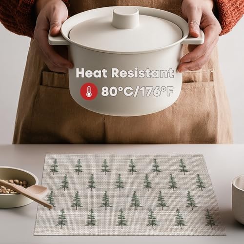Artoid Mode Green Xmas Tree Vinyl Christmas Placemats Set of 4, 12x18