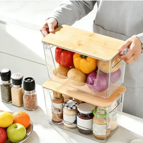 2 Set Potato And Onion Storage Bins with Bamboo Lid, Clear