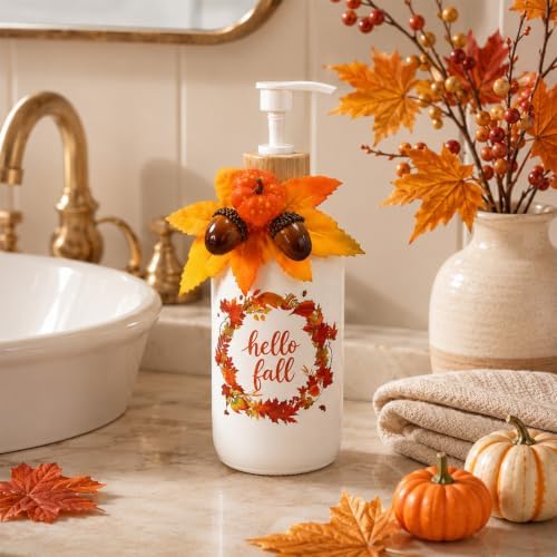 AnyDesign Hello Fall Soap Dispenser, with Artificial Leaves Pumpkin