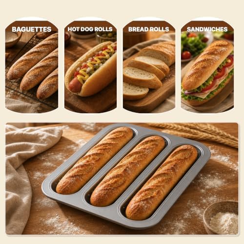 Silver 3-Slot Nonstick Carbon Steel Baguette Bread Baking Pan Set