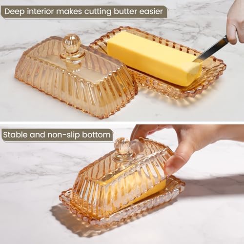 Vintage Covered Glass Butter Dish with Lid-Retro Amber Butter Holder