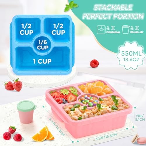 QQKO 4-Pack Divided Bento Snack Boxes with Sauce Cups