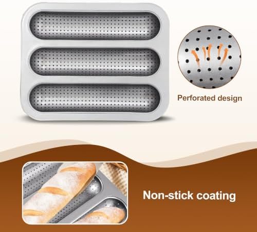French Bread Baking Pan, 3-Cavity Baguette Pan, Silver 1 Pack