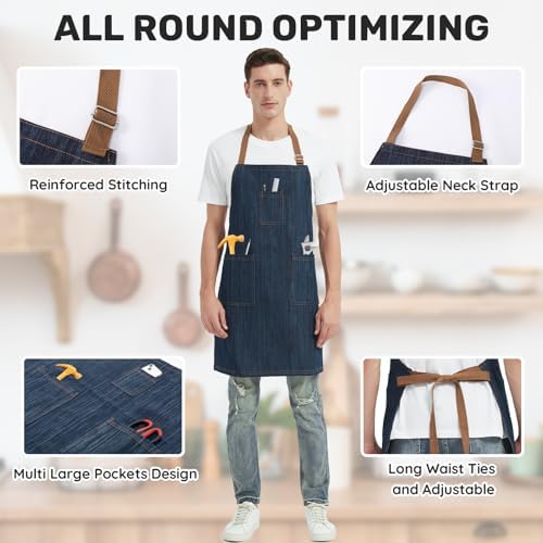 Heavy Duty Cotton Denim Chef Apron with Pockets for Men Women