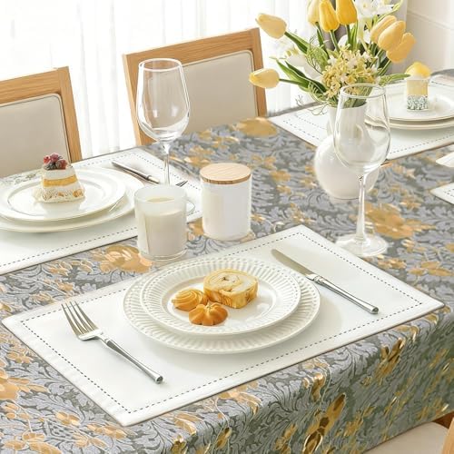 Rectangle PVC Table Cloth Elegant Gold Vine Flower Waterproof