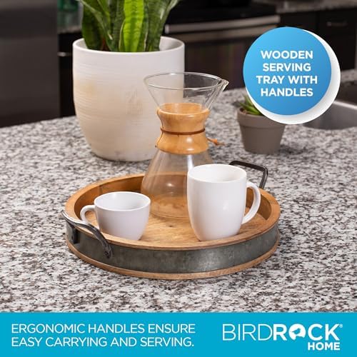 BIRDROCK HOME Round Wood Serving Tray with Handles and Iron Accents