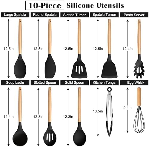 E-far Silicone Cooking Utensils Set, 10-Piece, Wood Handle