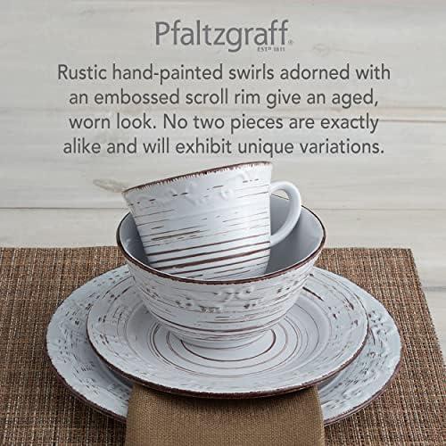 Pfaltzgraff Trellis White 16-Piece Stoneware Dinnerware Set, Service for 4, Distressed White Finish, Microwave & Dishwasher Safe Plates and Bowls