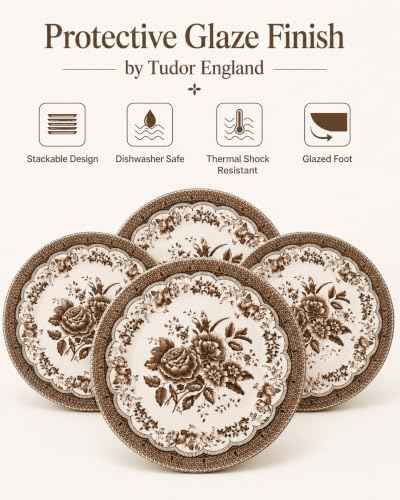 Tudor England 12-Piece Porcelain Dinnerware Set for 4, Victoria Brown