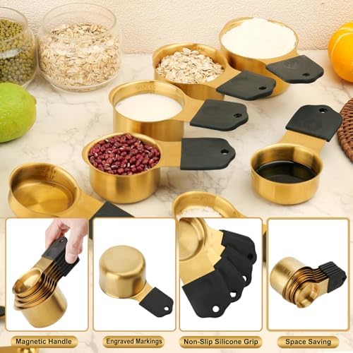 Gold Magnetic Measuring Cups & Spoons Set of 16, 7 Stainless Steel