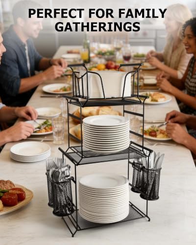 HULISEN 3-Tier Buffet Caddy, 7-Piece Paper Plate & Utensil Holder for