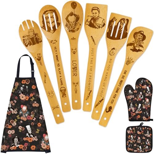 Horror Merch,9Pcs Bamboo Cooking Utensils Set,Spoons with Apron Oven