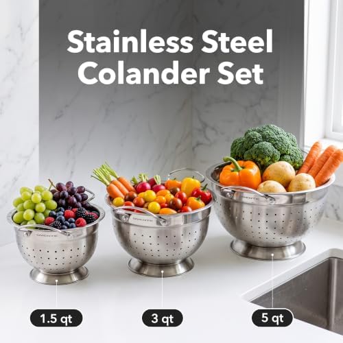 OVENTE Premium Stainless Steel Colander Set of 3, Silver C46263S
