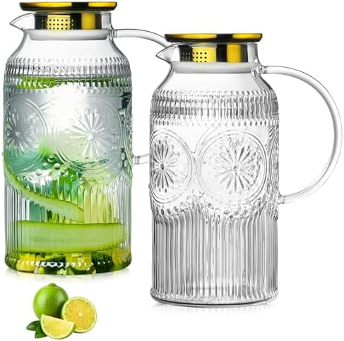 Buaic 2 PACK Glass Pitcher with Lid, 68 oz Vintage Water Carafe for