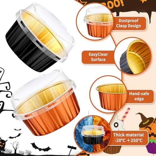 100 Pcs Baking Cups with Lids 5 Oz Foil,Black, Orange