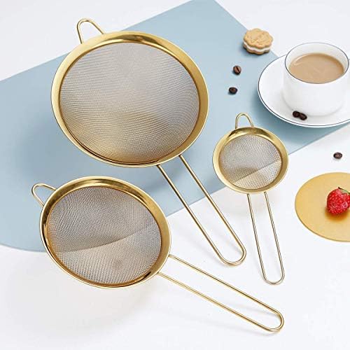Kyraton Gold Fine Mesh Strainer 3 Pieces Set, Golden Flour Sifter For