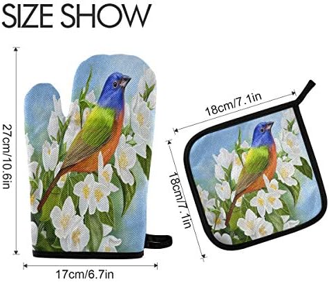 QMXO Large Bright Bird Flower Oven Mitts Quilted Cotton Lining