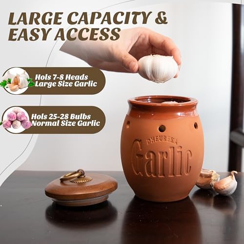 Garlic Keeper with Wooden Lid, 19 oz Clay Garlic Storage Container to