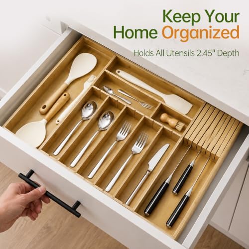 Bamboo Expandable Silverware Drawer Organizer, Removable Knife Block