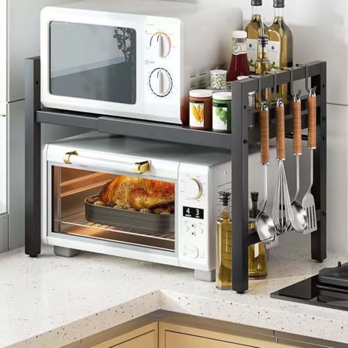 Microwave Oven Rack, Adjustable Shelf with 6 Hooks