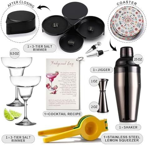 Margarita Kit - Set of 2 Margarita Glasses (8.5oz), 3-Tier Salt