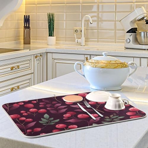 OTVEE Festive Berry Art Dish Drying Mat for Kitchen Counter Absorbent