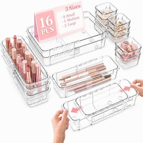 Adjustable Clear Drawer Storage Organizer, 16 Pack 3 Sizes Expandable Plastic Storage Boxes for Kitchen, Bathroom, Vanity, Office, Makeup, Desk and Closet Organization