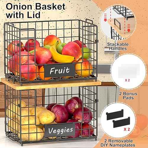 2-Pack Stackable Wire Baskets with Bamboo Top