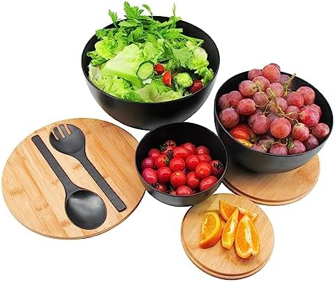 ECOWAY Salad Bowls Set of 3 with Lid & Serving Utensils, Bamboo Fiber Mixing Bowls Set Large Serving Bowls & Storage Set with Bamboo Lid for Salad, Kitchen Eating, Pasta, Popcorn, Chips, Fruit, Black
