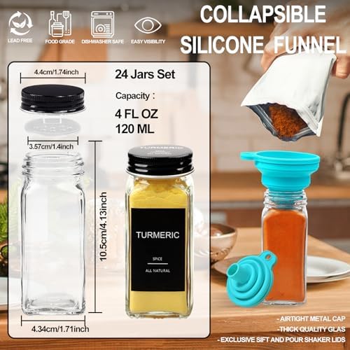 AISIPRIN 24 Pcs Glass Spice Jars with 398 Labels, 4oz Empty Square