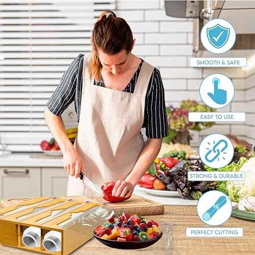 Bamboo Aluminum Foil Organizer & Plastic Wrap Dispenser with Cutter for 11" Rolls - 4 in 1 Parchment, Wax Paper & Saran Wrap Holder - Tin Foil Wrap Organizer for Kitchen Drawer, Countertop & Pantry