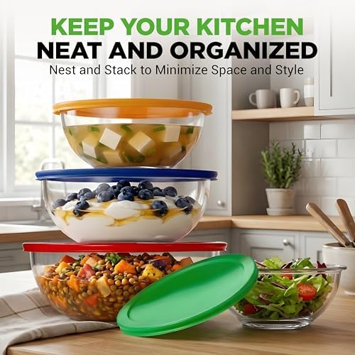 NutriChef 4‐Piece Glass Mixing Bowls with Lids – Premium Borosilicate