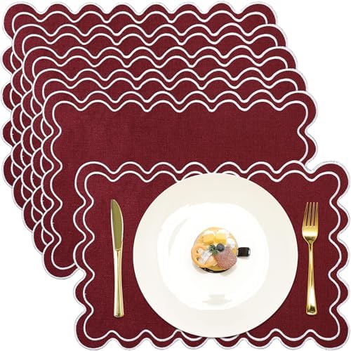 HunnmingRe Burgundy with White Scalloped Placemats Set of 6, Rectangle