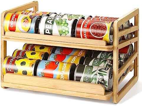 Yumkfoi Rolling Bamboo Can Organizer Rack, Stackable Can Storage