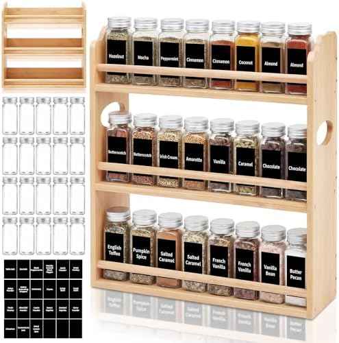Domensi 3 Tier Bamboo Spice Rack Organizer with 24 Spice Glass Jars