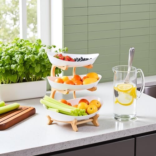 Fruit Bowl for Kitchen Counter, 3 Tier Plastic Serving Bowls with