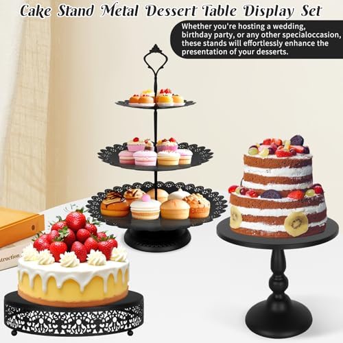 Fivenl 8 Pcs Cake Stand Black Metal Dessert Table Display Set, 3-Tier