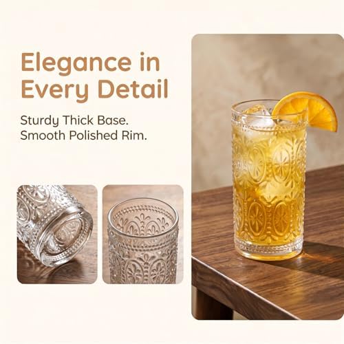 Bekith 6 Pack Romantic Drinking Glasses, 12 oz Highball Glasses, Thick