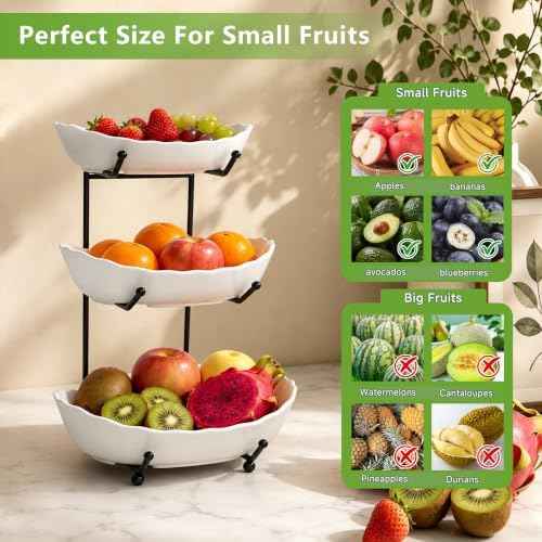 Ceramic Fruit Bowl for Kitchen Counter - 3 Tier Modern Fruit Basket Fruit Rack with Metal Stand, Tiered Fruit Stand for Snacks, Candy, Bread (Black)