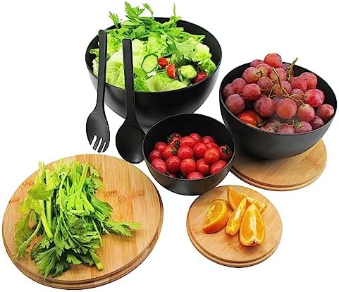 ECOWAY Salad Bowls Set of 3 with Lid & Serving Utensils, Bamboo Fiber Mixing Bowls Set Large Serving Bowls & Storage Set with Bamboo Lid for Salad, Kitchen Eating, Pasta, Popcorn, Chips, Fruit, Black